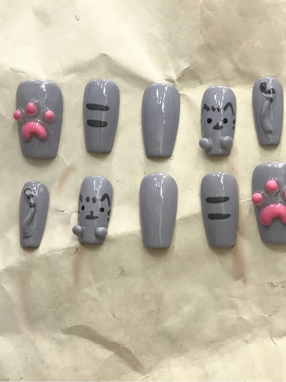 Grey Cat Paw & Face Press-On Nails with Pink Accents